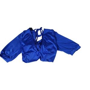 Wild Cat Royal Blue Metallic Puff Sleeve Front Tie Knot Open Back Crop Top M